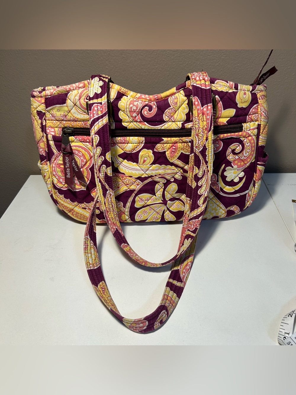 Bella Taylor Quilted Paisley Tote shoulder bag Purple Yellow & Pink